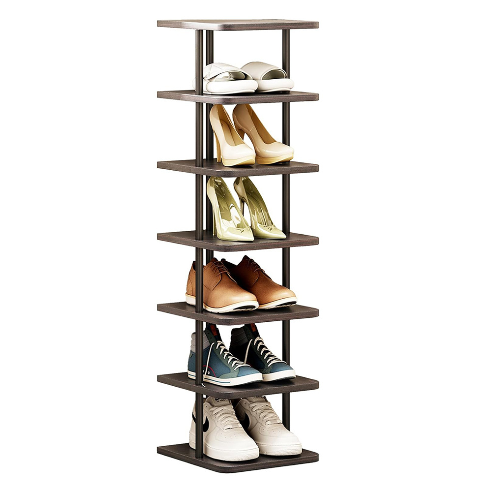 7 Tier Vertical Shoe Rack Wooden Shoes Organizer Vertical Storage Stand Narrow Shelf for Entryway Corner Modern Shoe Tower