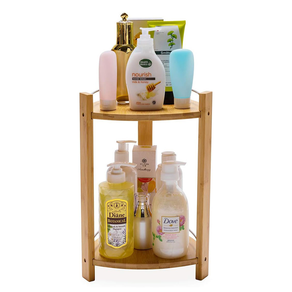 Bedroom Corner Storage Shelf Bamboo Shower Corner Rack 2 Tier Standing Shower Rack for Shampoo Soap Aromatherapy Display Shelf