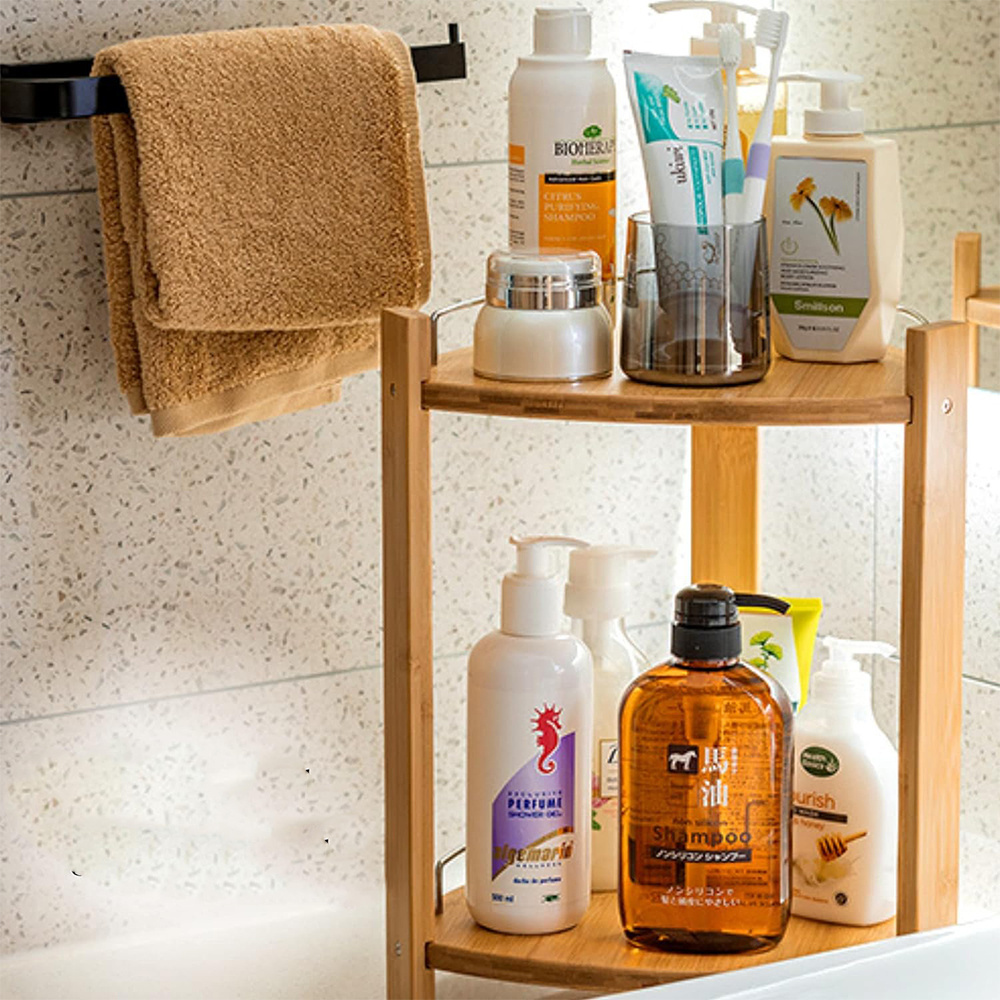 Bedroom Corner Storage Shelf Bamboo Shower Corner Rack 2 Tier Standing Shower Rack for Shampoo Soap Aromatherapy Display Shelf