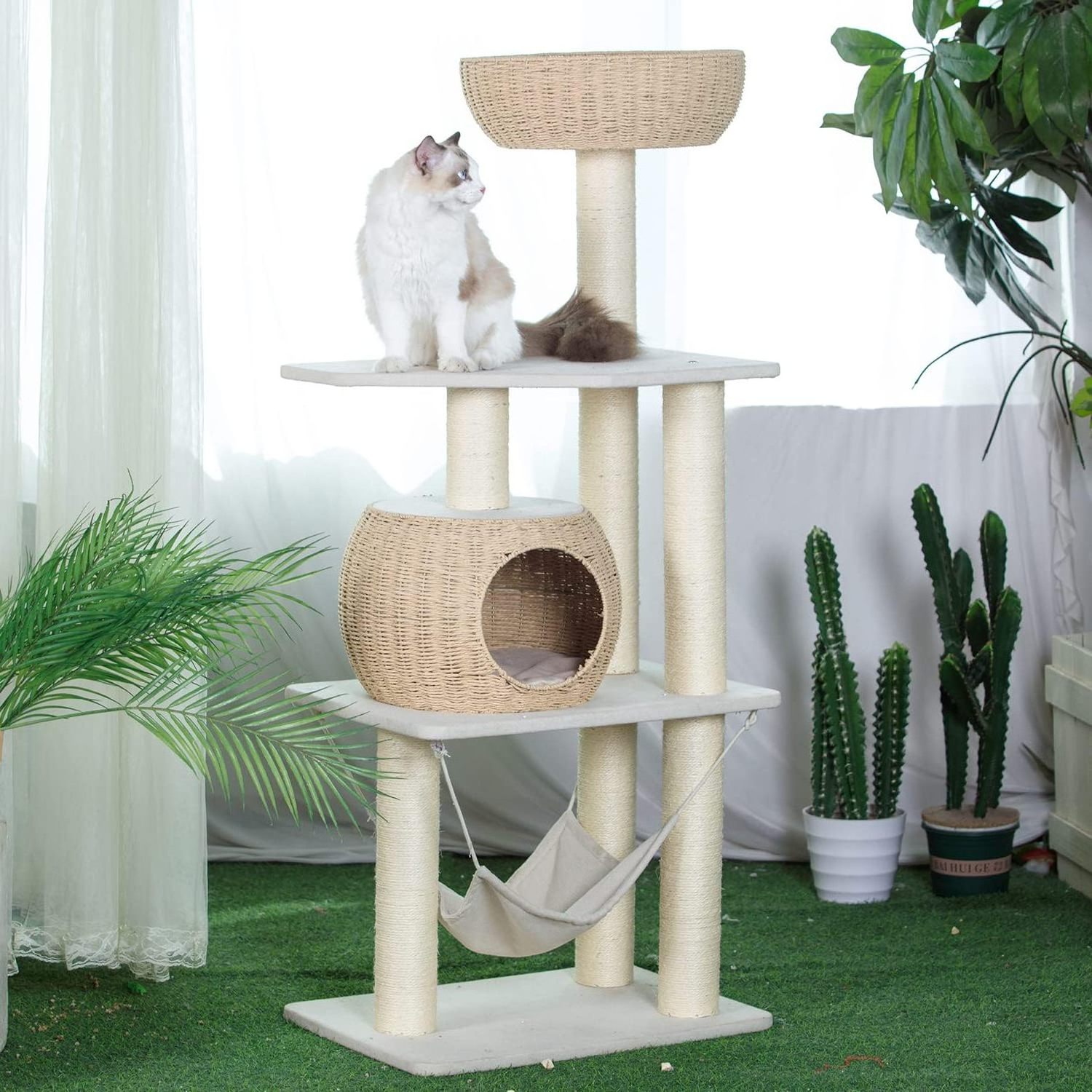 Wooden cat tree for indoor cats, tall cat tree tower with cat scratching post and cat hammock, for indoor cats