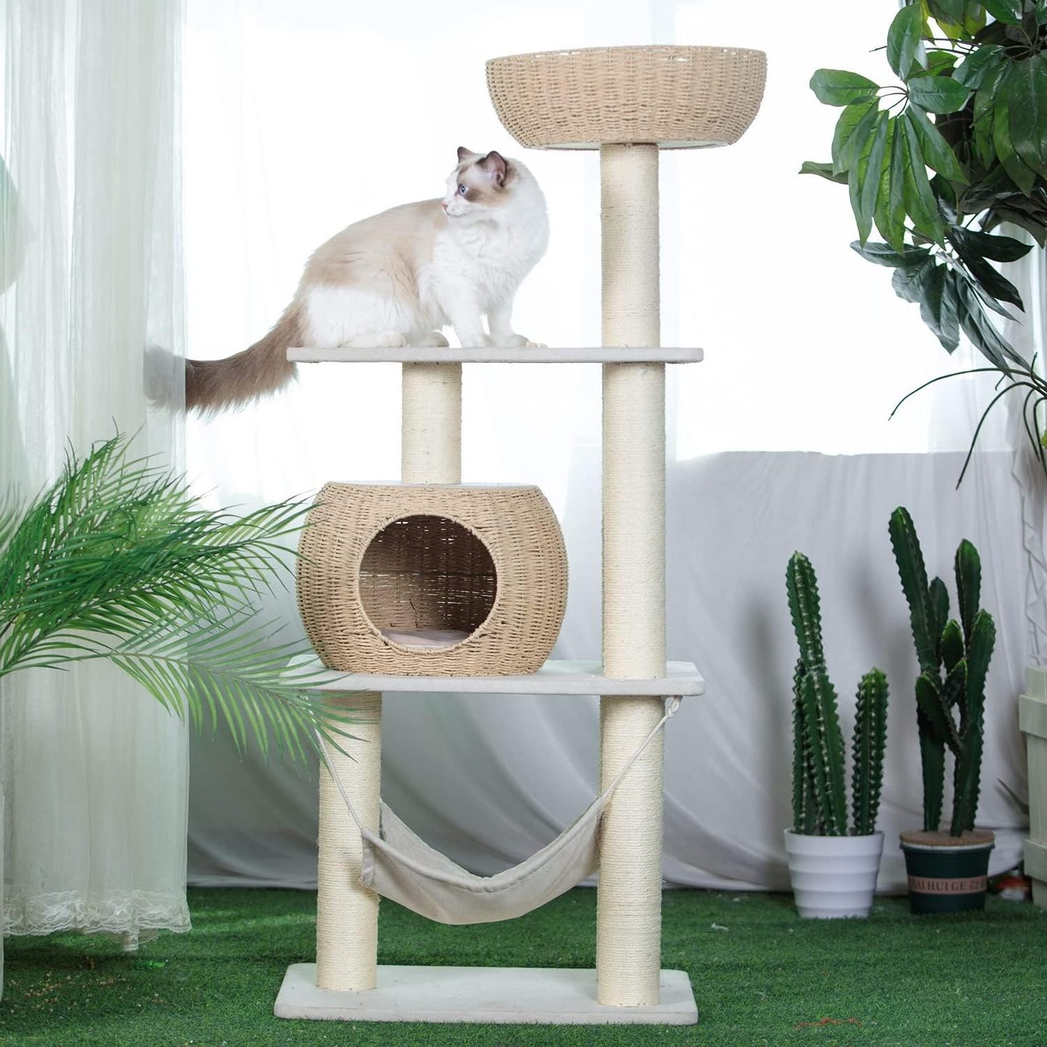 Wooden cat tree for indoor cats, tall cat tree tower with cat scratching post and cat hammock, for indoor cats