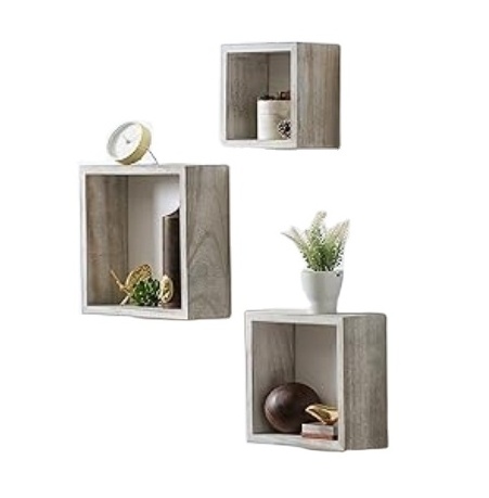 Rustic White Grey Paulownia Wood Square Cube Floating Shelves Set of 3 Wall Mounted Storage for Living Room Bedroom