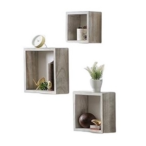 Rustic White Grey Paulownia Wood Square Cube Floating Shelves Set of 3 Wall Mounted Storage for Living Room Bedroom