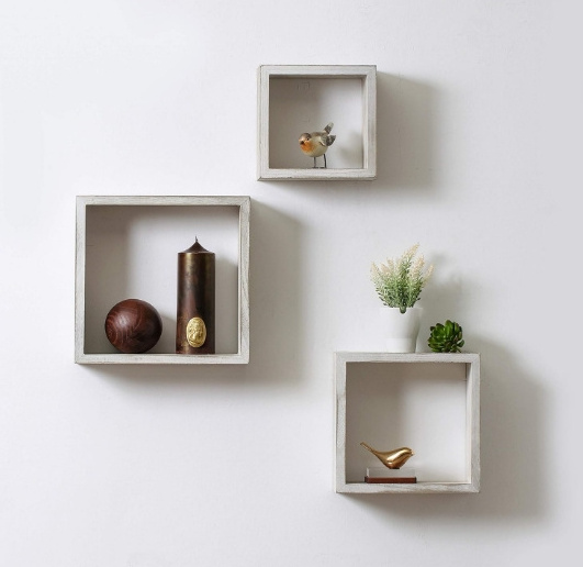 Rustic White Grey Paulownia Wood Square Cube Floating Shelves Set of 3 Wall Mounted Storage for Living Room Bedroom