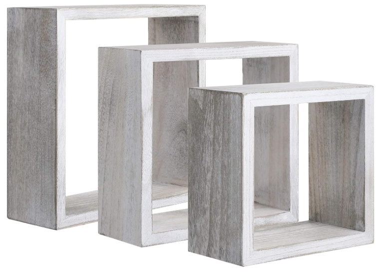 Rustic White Grey Paulownia Wood Square Cube Floating Shelves Set of 3 Wall Mounted Storage for Living Room Bedroom