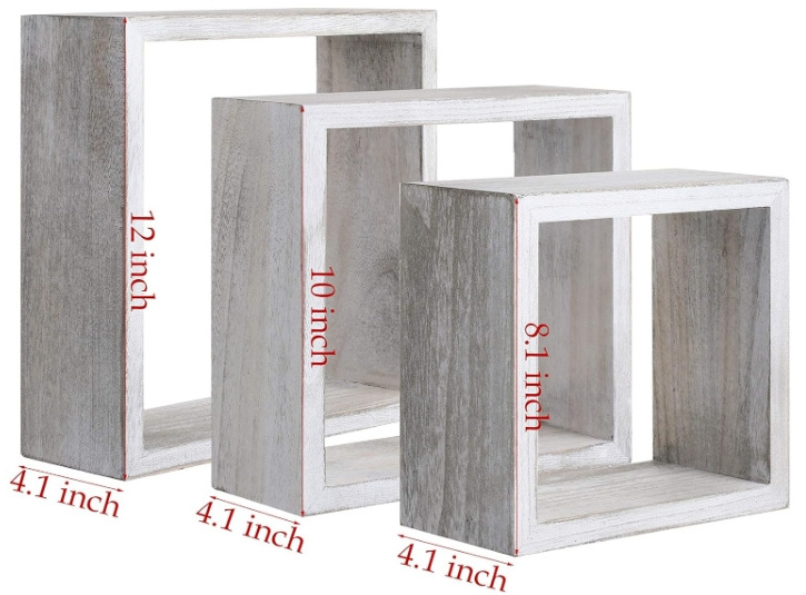 Rustic White Grey Paulownia Wood Square Cube Floating Shelves Set of 3 Wall Mounted Storage for Living Room Bedroom