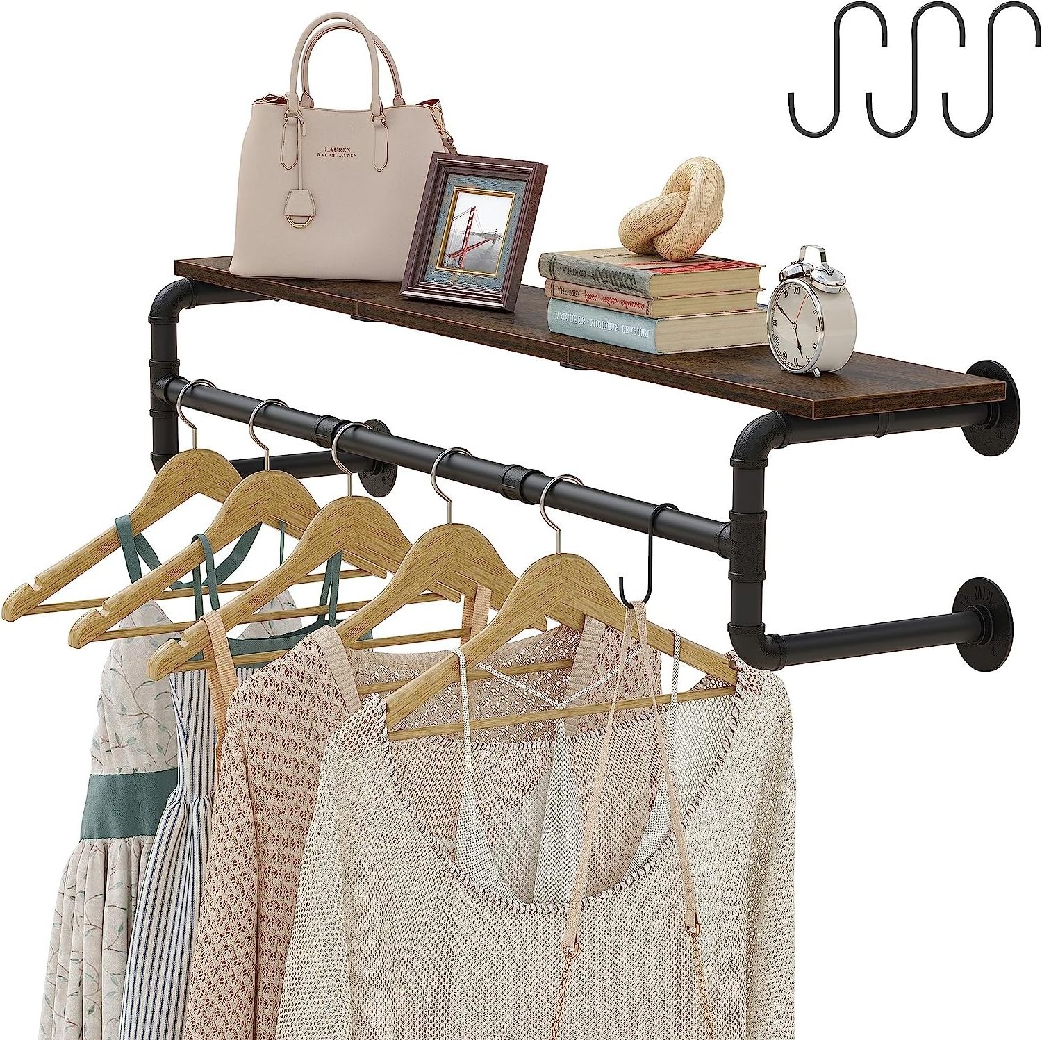 Industrial Wall & Display Shelves Pipe Clothes Rack with Top Shelf and 3 Hooks for Efficient Clothing Storage