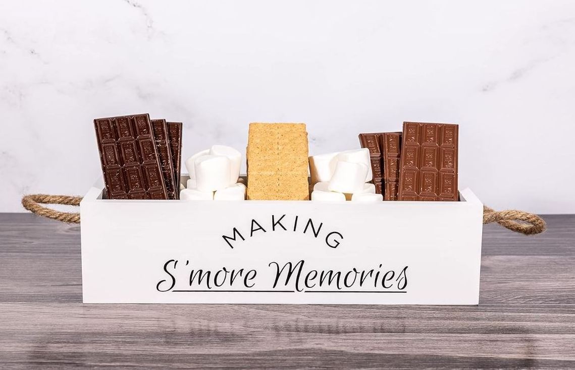 custom Smores Station Wooden Box Smores Bar Carrier with Handles with 6 pcs Marshmallow Sticks, Farmhouse Smores Kit Caddy