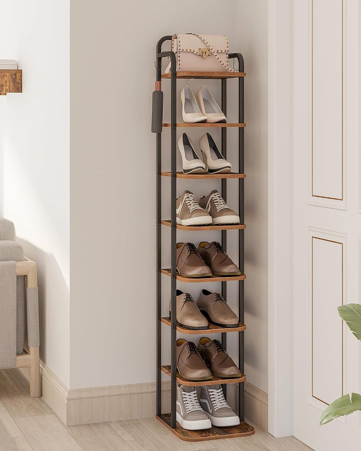 8 Tier Narrow Shoe Shelves Vertical Shoe Rack Wood Organizer for Closet Entryway Free Standing Shoe Tower for Small Spaces