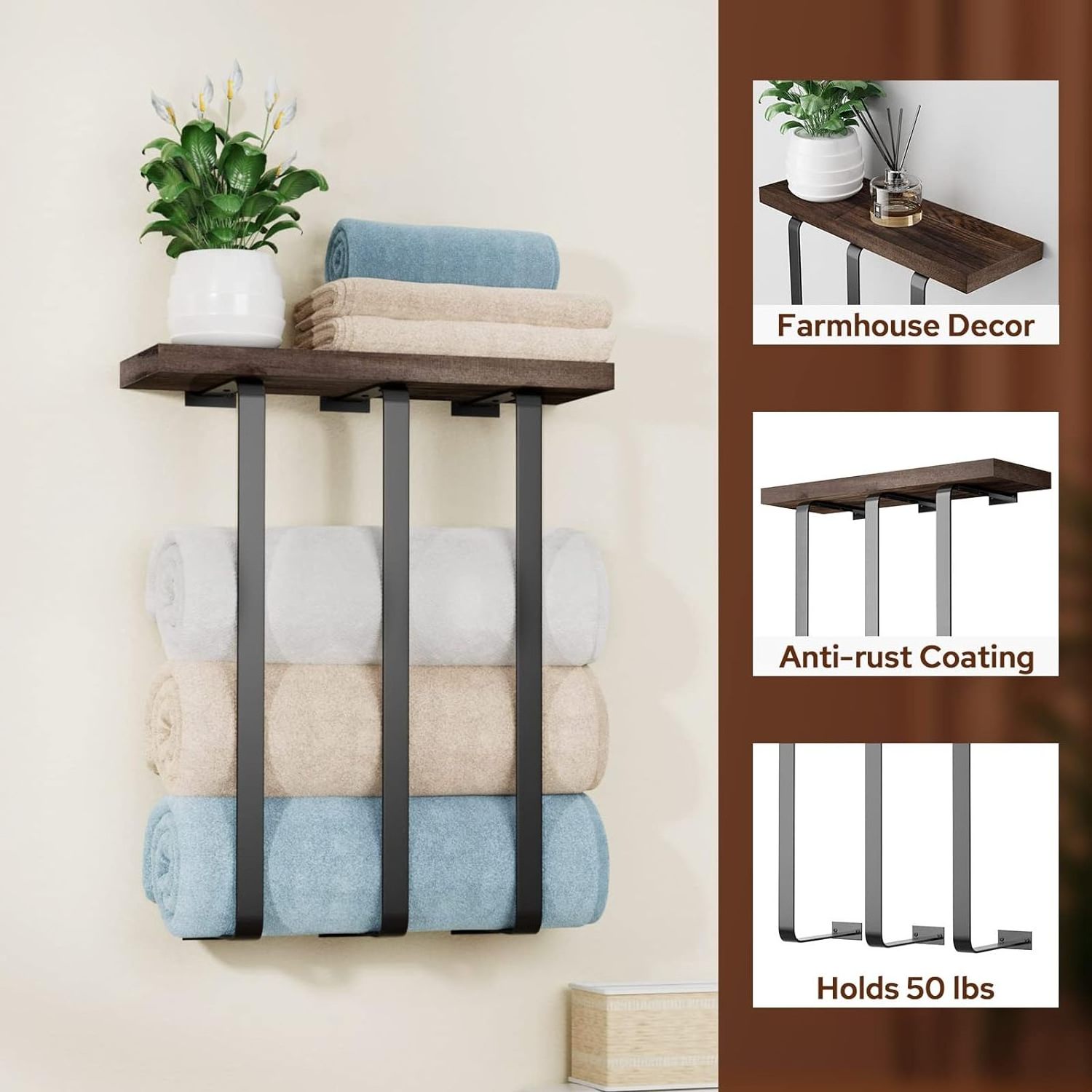 Bathroom Wall Mounted Towel Rack Towel Storage with Wooden Shelf Bath Towel Holder Washcloths Organizer