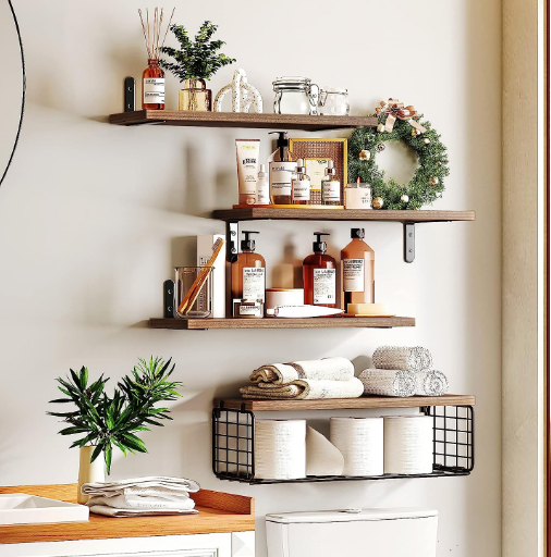 Rustic Wood Wall Shelf Bathroom Shelves Over Toilet with Wire Storage Basket Farmhouse Wall Decor for Bedroom