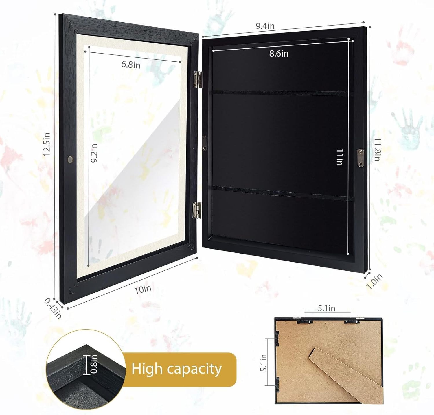 Front Open Wooden Art Frame for Children's Artwork A4 Display Horizontal and Vertical Replaceable Black Art Show Frame