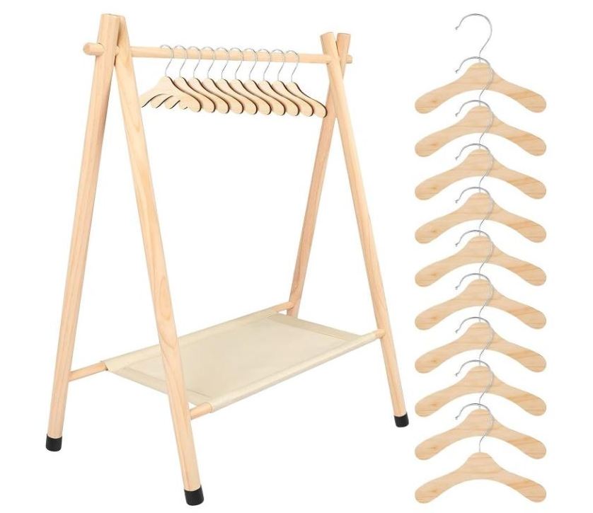 custom Kids Clothes Rack with 10 Wooden Clothes Hanger Dress Up Rack Dress Up Storage children garment rack standing wooden