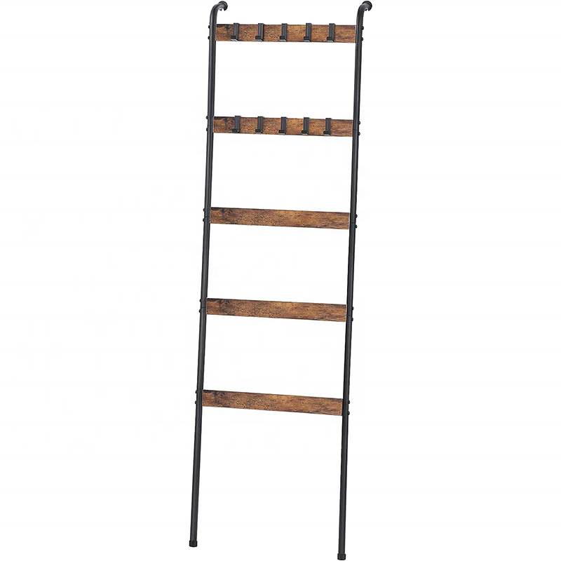 5 tier wall-leaning blanket ladder holder rack with farmhouse style adjustable shelve with 10 removable hanging hooks