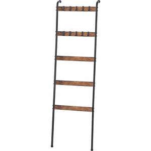 5 tier wall-leaning blanket ladder holder rack with farmhouse style adjustable shelve with 10 removable hanging hooks