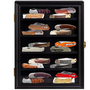 custom Solid Pine Wood Pocket Knife Display Case for Wall Collection Shadow Box Cabinet 20 Locking Knives Color Black