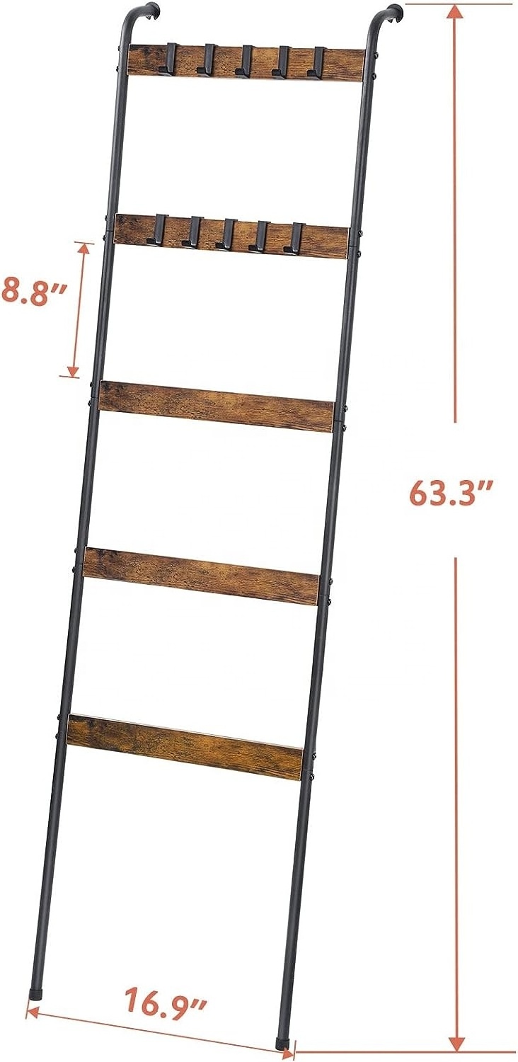 5 tier wall-leaning blanket ladder holder rack with farmhouse style adjustable shelve with 10 removable hanging hooks