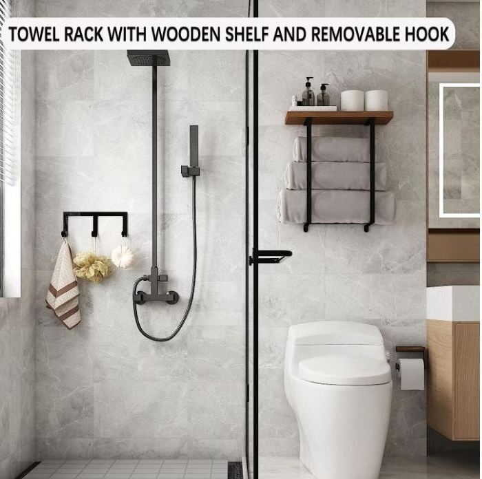 Wall Mounted Towel Racks with Wooden Shelf & 3 Hooks, Towel Holder for Small Bathroom Wall Decor, Bath Towel Storage Organizer