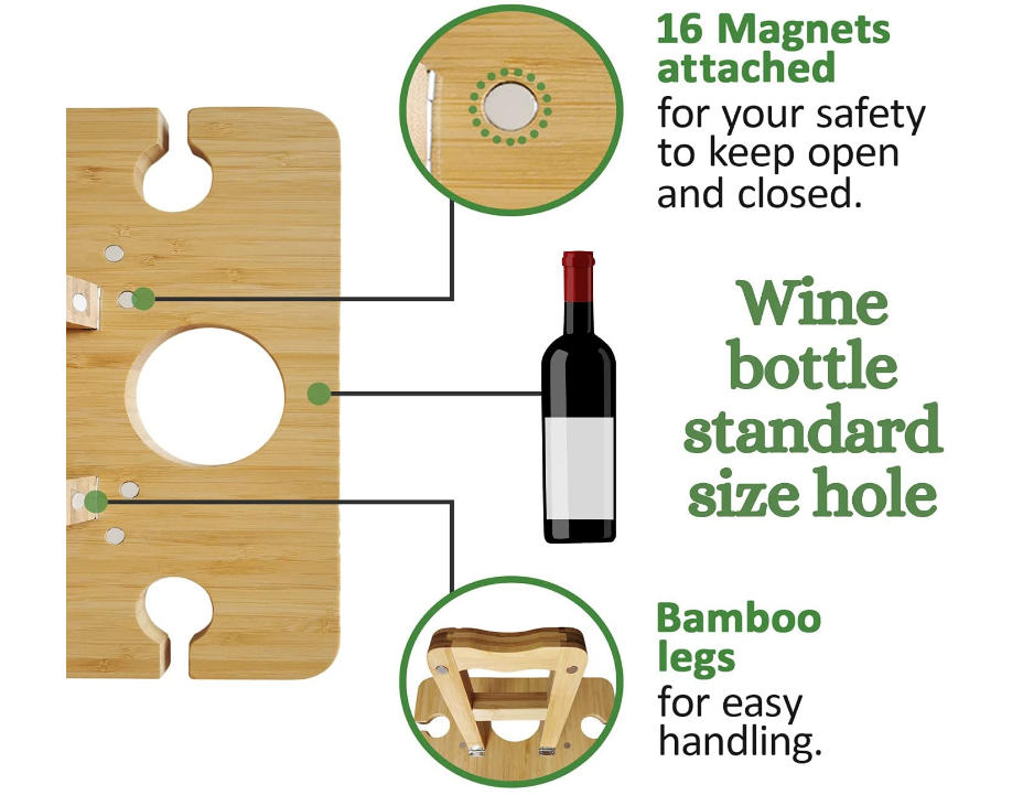 custom Portable Wooden Wine Picnic Table Bamboo Folding Charcuterie Meat and Cheese Tray with Bottle and Four Glass Holder