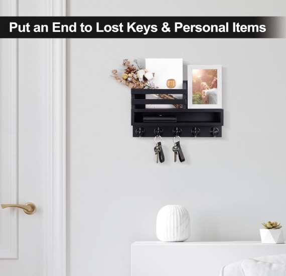 Hot sale Key and Mail Holder Wall Mount Key Hanger with Long Storage Box and 5 Hooks for Coat Dog Leash Home Decor Rack