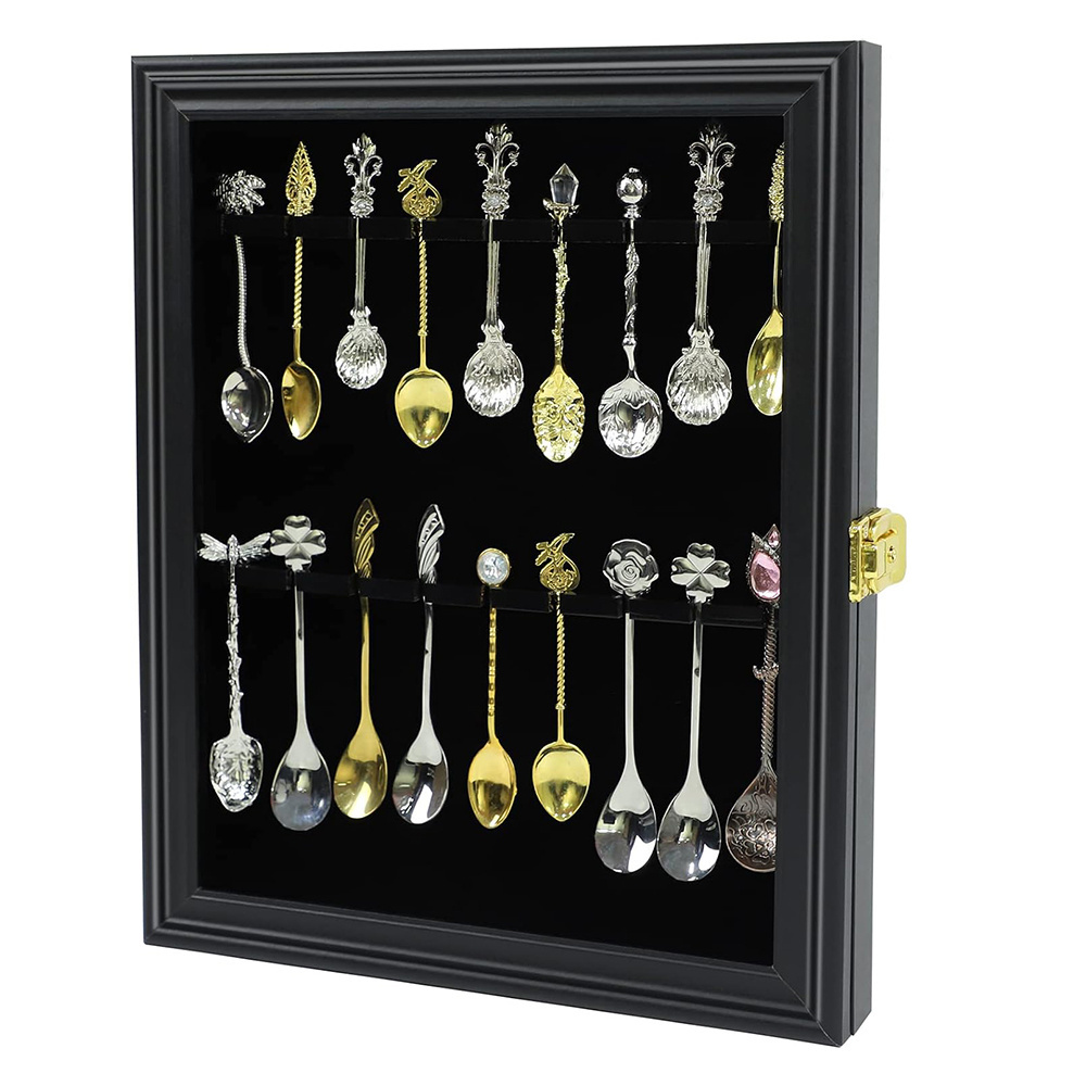 18 Tea Spoon Souvenir Display Case Wooden Shadow Box with Acrylic Door Wall Mount Home Collection Storage Rack