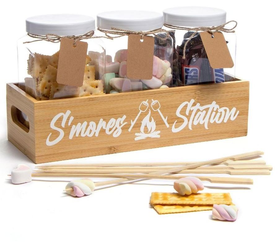 custom Smores Kit for Fire Pit Smores Caddy with Jar Sticks for Smores Maker Station Wooden Box for Marshmallow Roasting Sticks