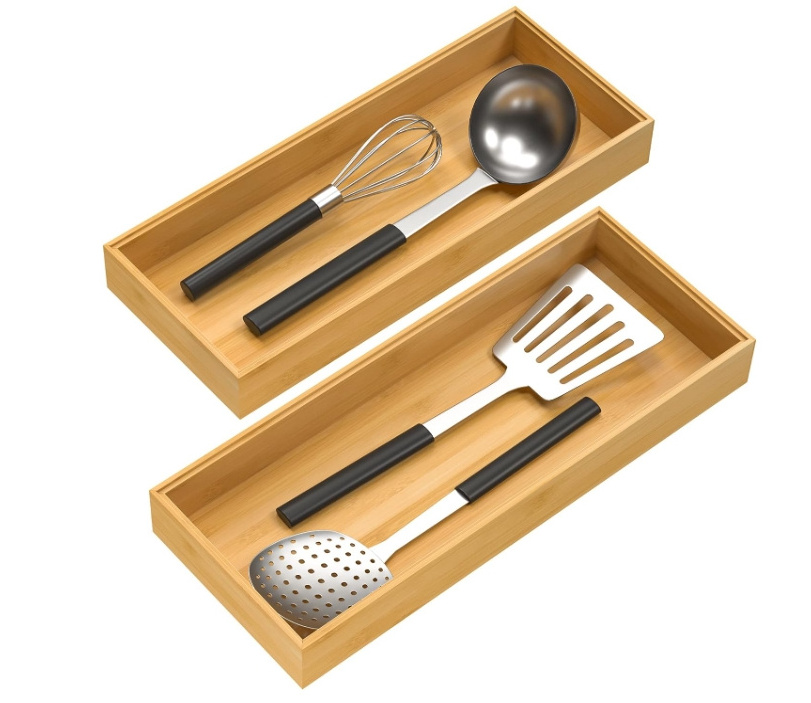 Bamboo Drawer Organizer Stackable Utensil Organizer for Kitchen Bamboo Storage Box Wood Silverware Tray for Drawer