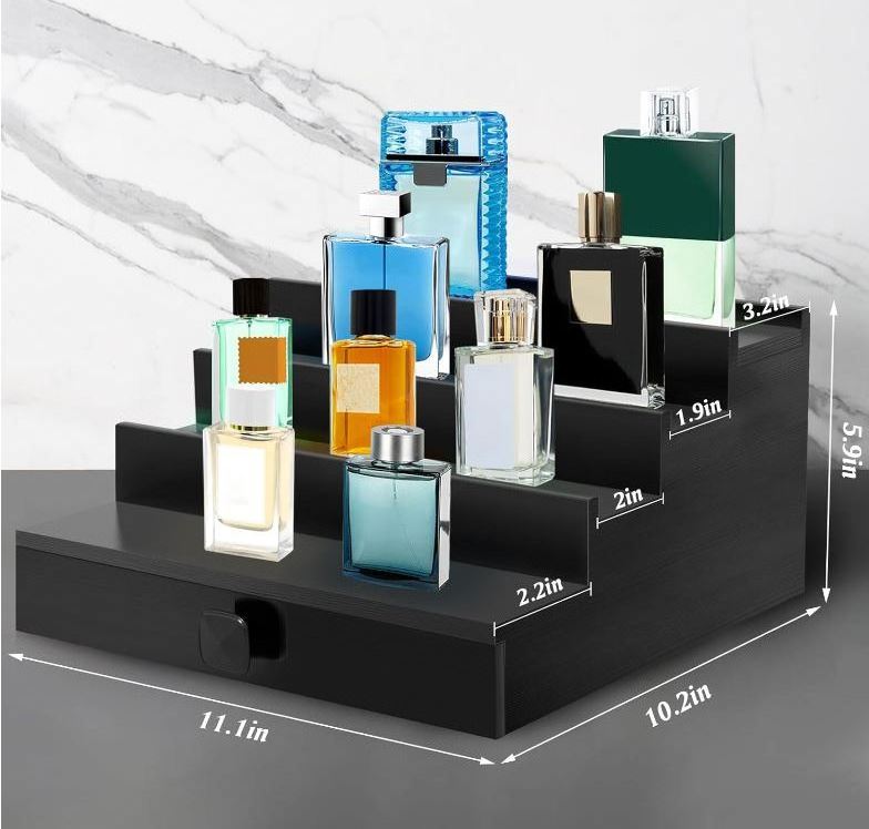 custom Cologne Organizer for Men, 4 Tier Black Wood Perfume Organizer with Felt Lining Drawer Hidden Compartment Display Holder