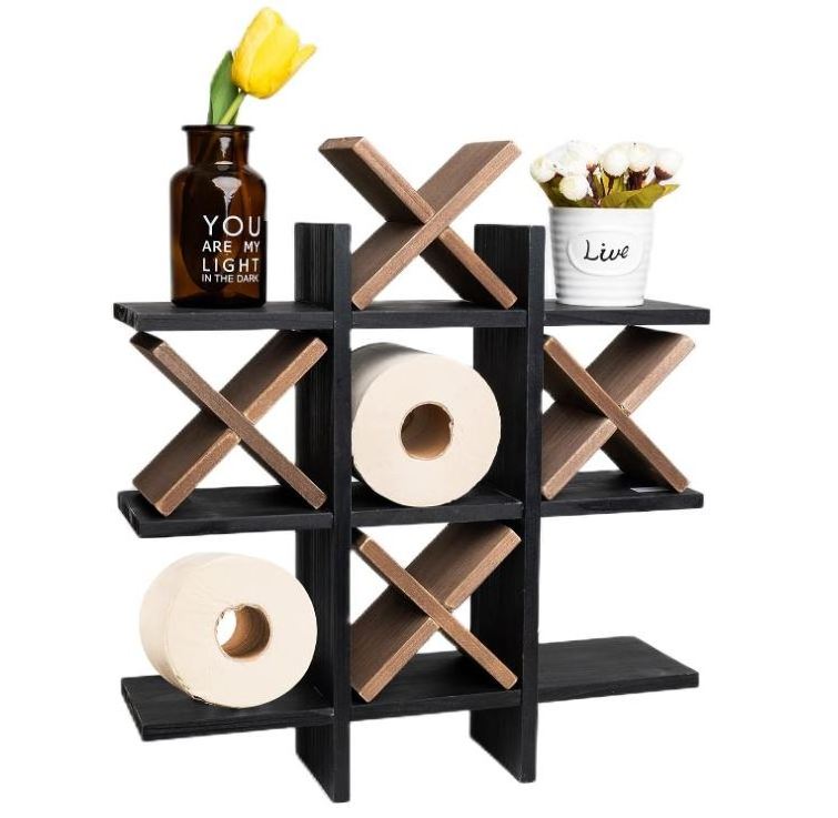 Wood Tic Tac Toe Toilet Paper Holder Stand with 4pcs Wooden X, Wall Mounted Toilet Papers Storage with Shelf Paper Roll Bathroom