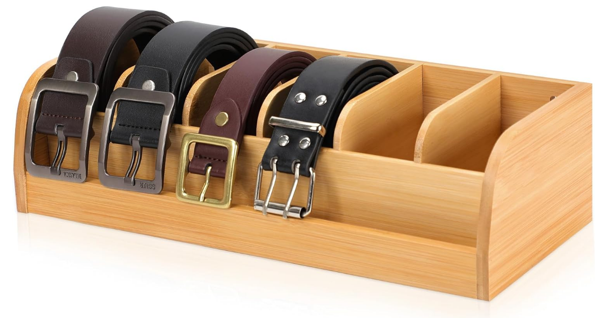 Bamboo Belt Organizer for Closet Wall   Tabletop Displays Belt Storage Rack with Mounting Hardware Makes Great for Men (