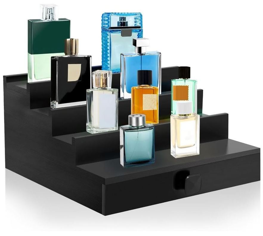 custom Cologne Organizer for Men, 4 Tier Black Wood Perfume Organizer with Felt Lining Drawer Hidden Compartment Display Holder