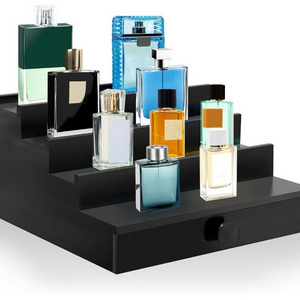 custom Cologne Organizer for Men, 4 Tier Black Wood Perfume Organizer with Felt Lining Drawer Hidden Compartment Display Holder