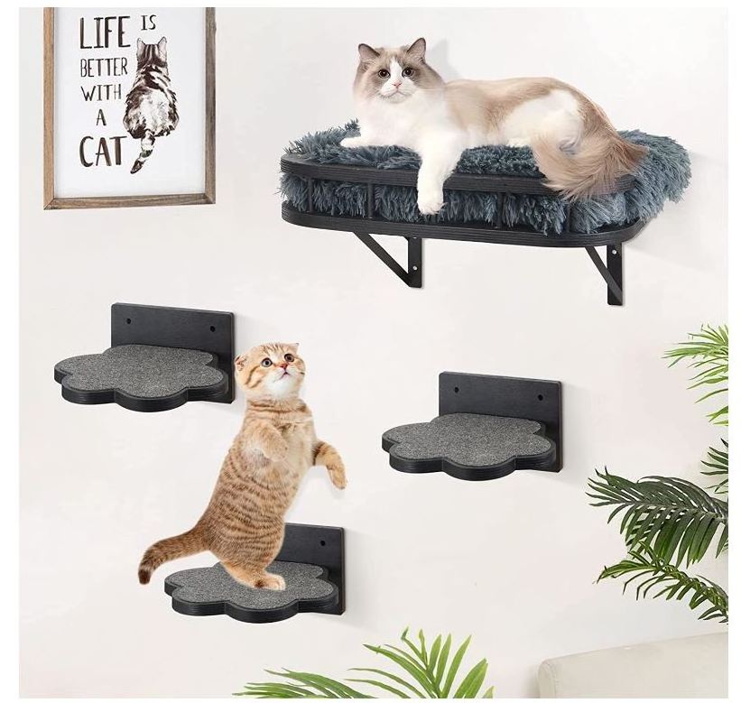 Cat Hammock Cat Wall Furniture with 1 Plush Cushion and 3 Wall Steps, Wall Mounted Cat Shelves and Perches, Cat Climbing Shelf