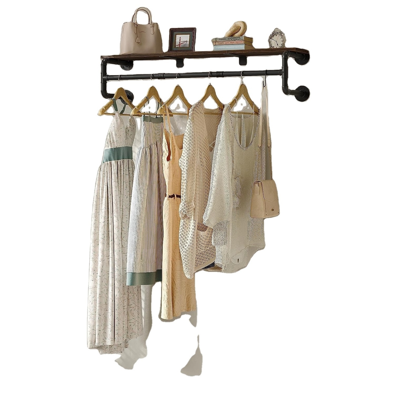 Industrial Wall & Display Shelves Pipe Clothes Rack with Top Shelf and 3 Hooks for Efficient Clothing Storage