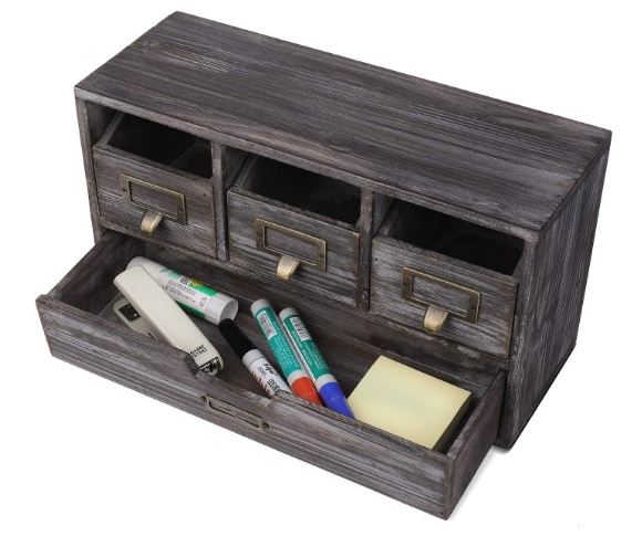 Small Rustic Wood Apothecary Cabinet with Drawers 4-Drawer Library Card Catalog Desk Organizer Chest Box Table Top Storage Bin