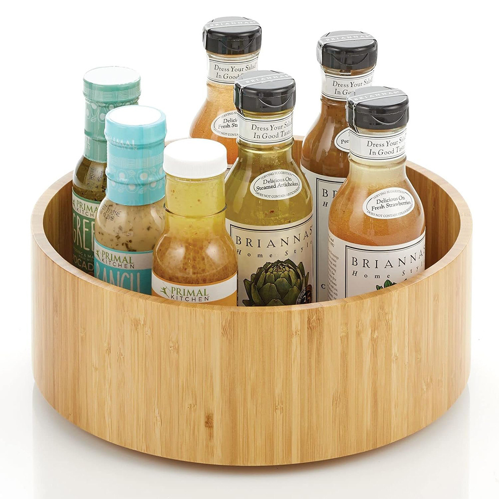 Lazy Susan Turntable Bamboo Spinner for Kitchen Cabinet Rotating Spice Organizer Natural Wooden Condiment Counter Storage Rack