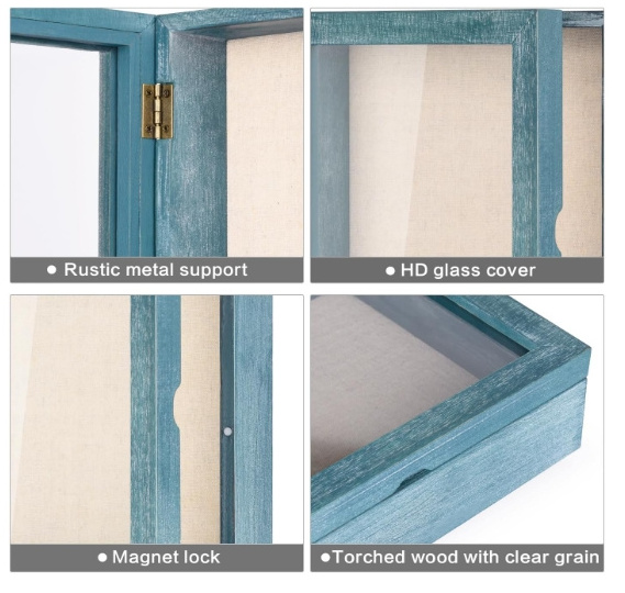 High quality Shadow Box Picture Frame with Linen Back Memorabilia Awards Medals Photos Memory Box Rustic Blue