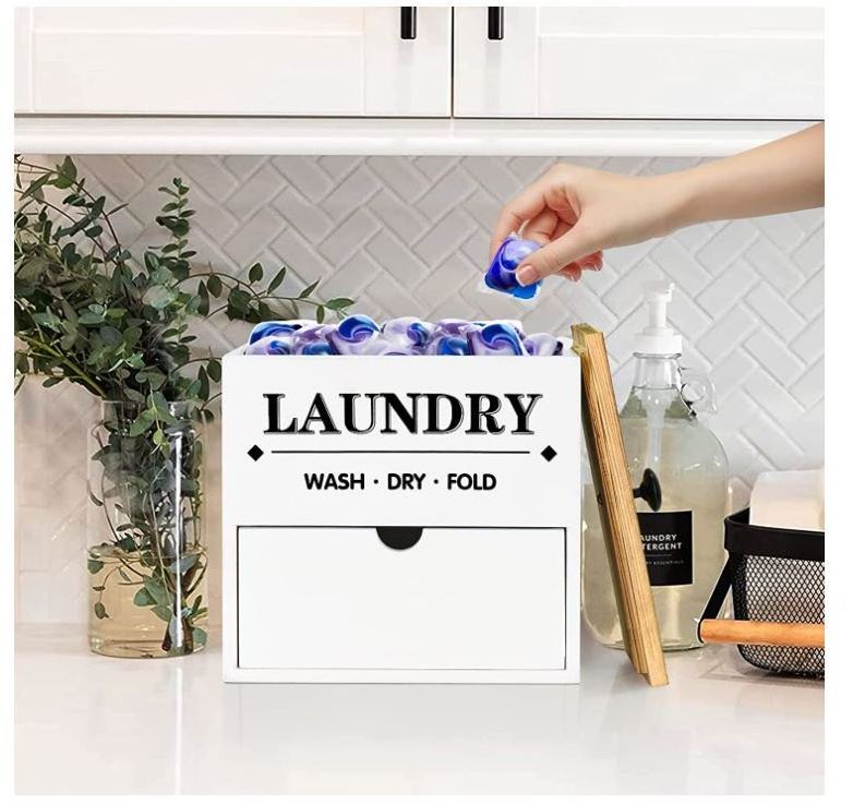 Dryer Sheet Holder with Drawer and Lid, Wood Dryer Sheet Dispenser and Laundry Pods Container for Laundry Room Organizationon