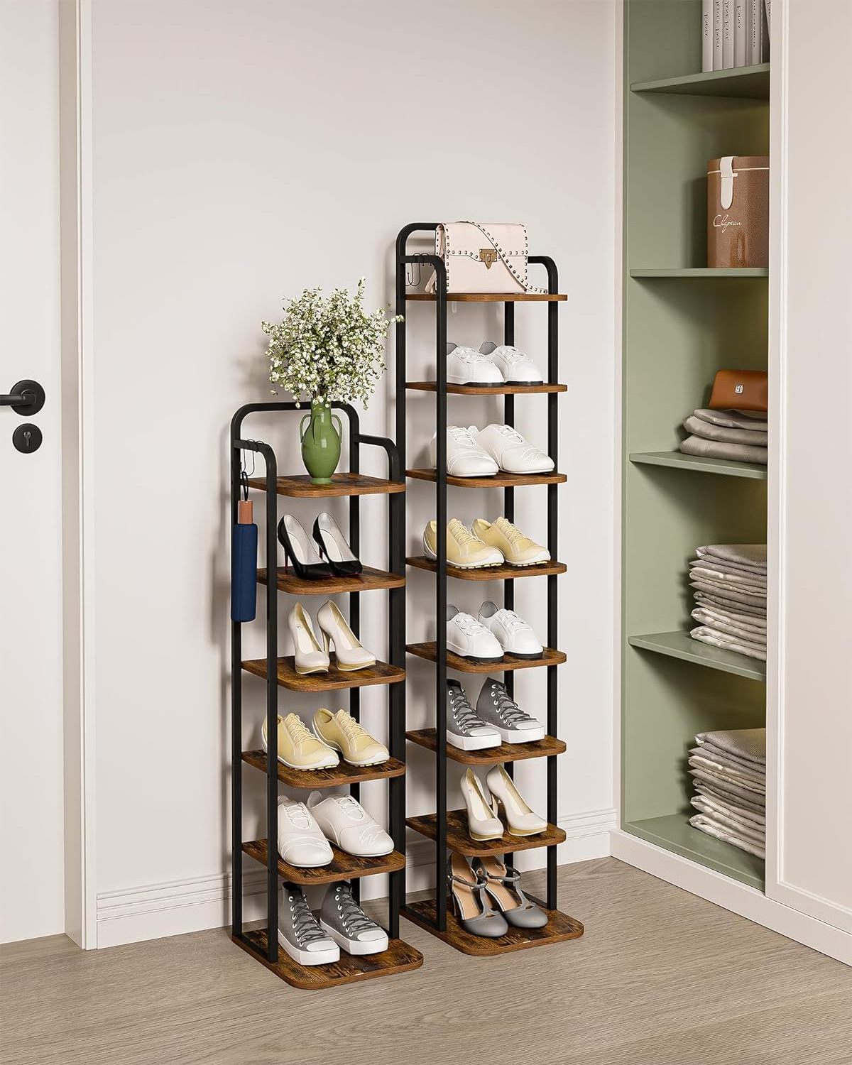 8 Tier Narrow Shoe Shelves Vertical Shoe Rack Wood Organizer for Closet Entryway Free Standing Shoe Tower for Small Spaces