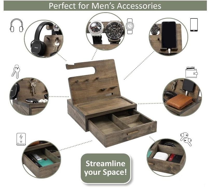 Custom Solid Wood Nightstand Organizer Valet Tray for Men Cellphone Watch Accessories Holder