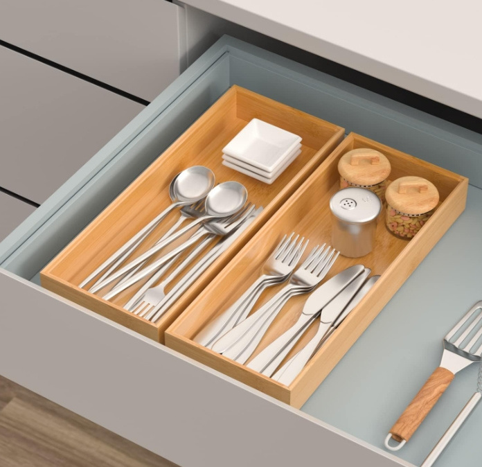 Bamboo Drawer Organizer Stackable Utensil Organizer for Kitchen Bamboo Storage Box Wood Silverware Tray for Drawer