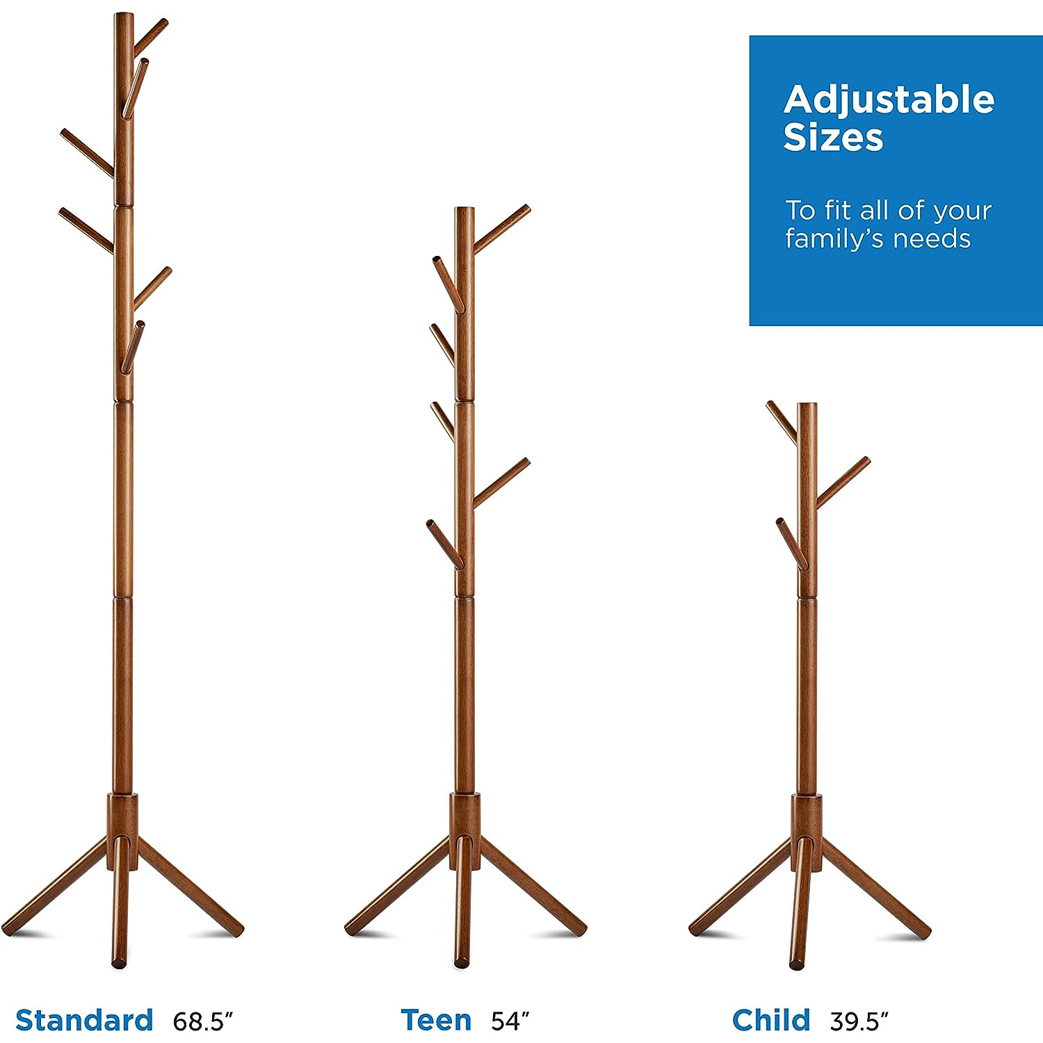 Wooden Tree Coat Rack Stand with 6 Hooks 3 Adjustable Sizes Free Standing Coat Hanger for Hallway Bedroom Accessories