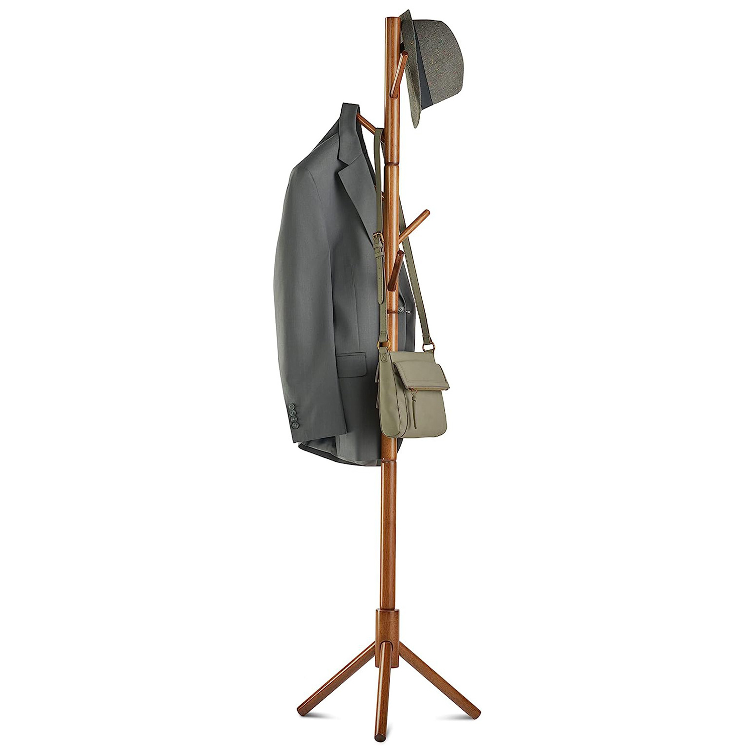 Wooden Tree Coat Rack Stand with 6 Hooks 3 Adjustable Sizes Free Standing Coat Hanger for Hallway Bedroom Accessories