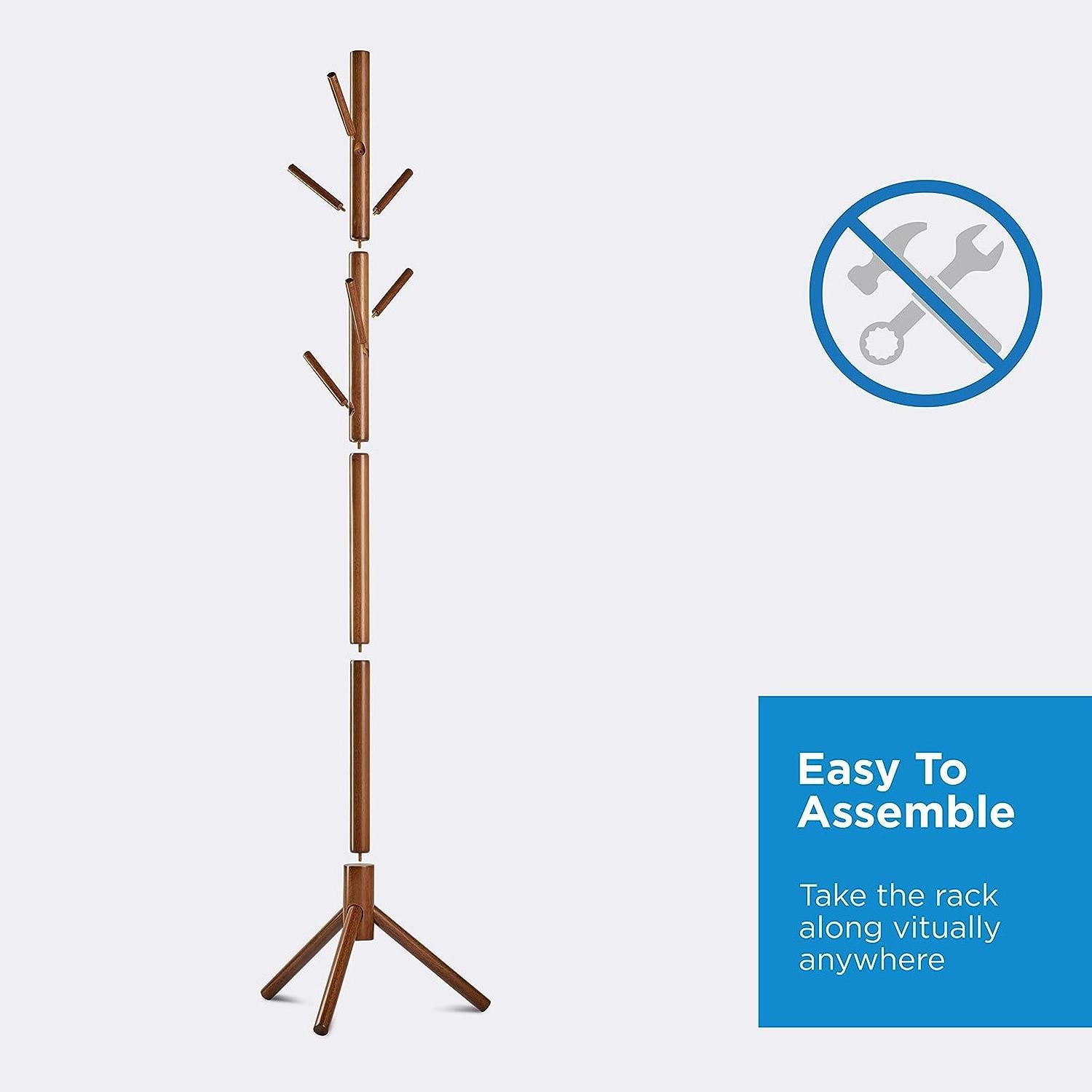 Wooden Tree Coat Rack Stand with 6 Hooks 3 Adjustable Sizes Free Standing Coat Hanger for Hallway Bedroom Accessories