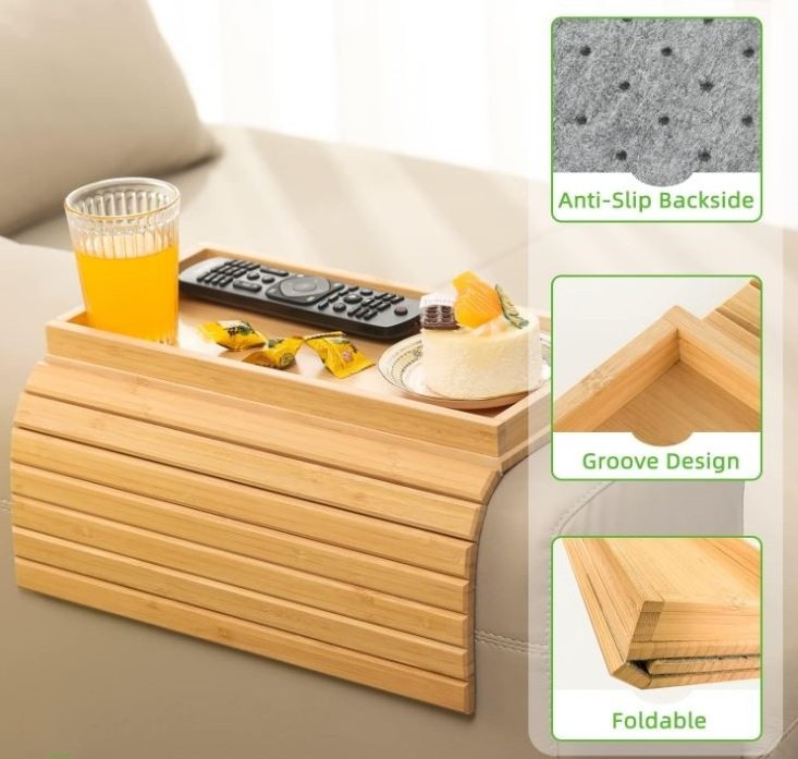 Sofa Arm Tray Bamboo Sofa Tray Table for Couch, Sofa Armrest Tray Anti-Slip Clip Couch Cup Holder for Snacks Phone Control Cups