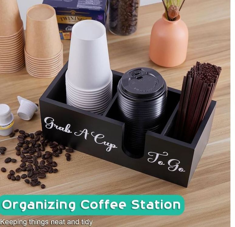 Coffee Cup Holder Countertop Wood Coffee Bar Accessories Black Coffee Station Organizer Stirrers Pod Table Decor Farmhouse