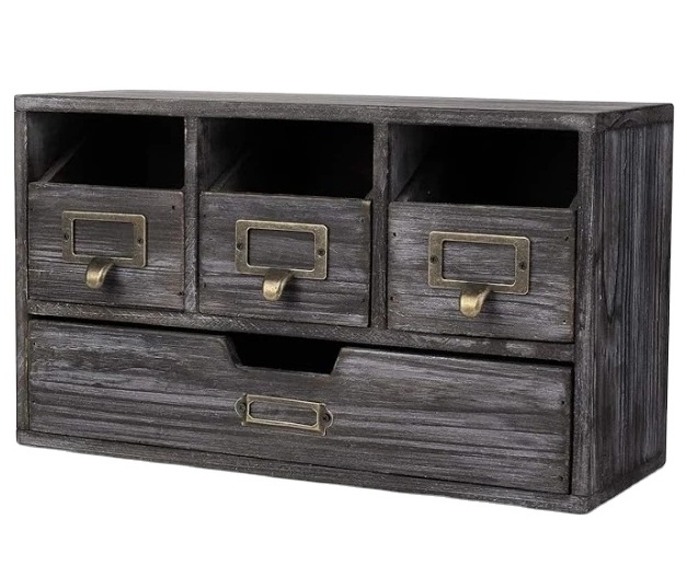 Small Rustic Wood Apothecary Cabinet with Drawers 4-Drawer Library Card Catalog Desk Organizer Chest Box Table Top Storage Bin