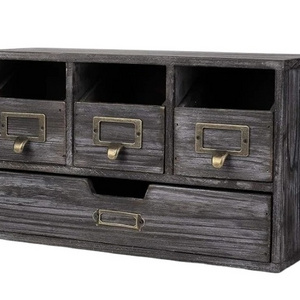 Small Rustic Wood Apothecary Cabinet with Drawers 4-Drawer Library Card Catalog Desk Organizer Chest Box Table Top Storage Bin