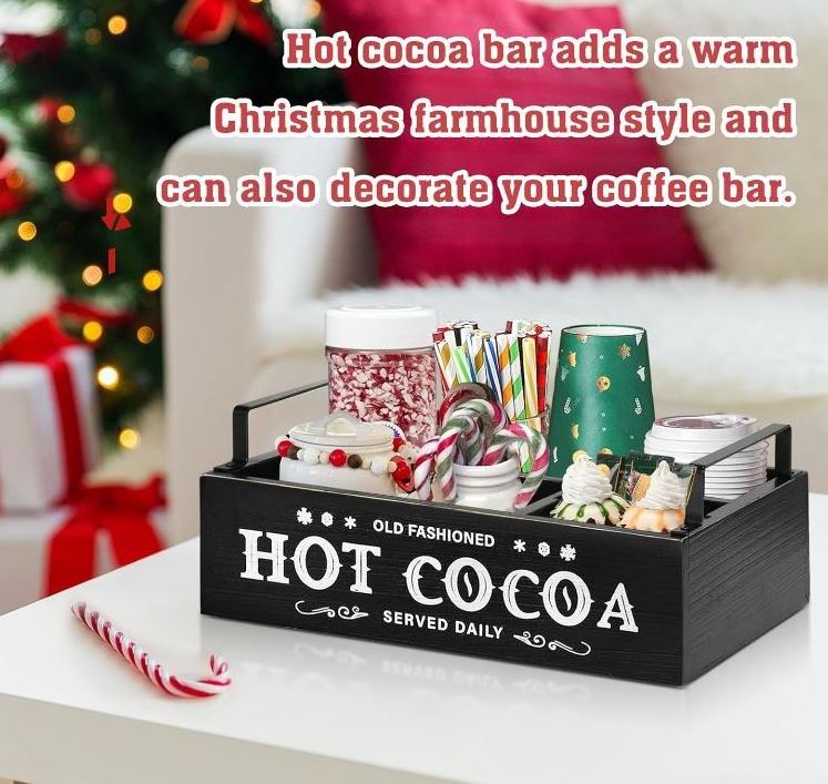 custom Wooden Hot Chocolate Bar Organizer with Handle, Countertop Coffee Station Bar Accessories, Farmhouse Hot Chocolate Decor