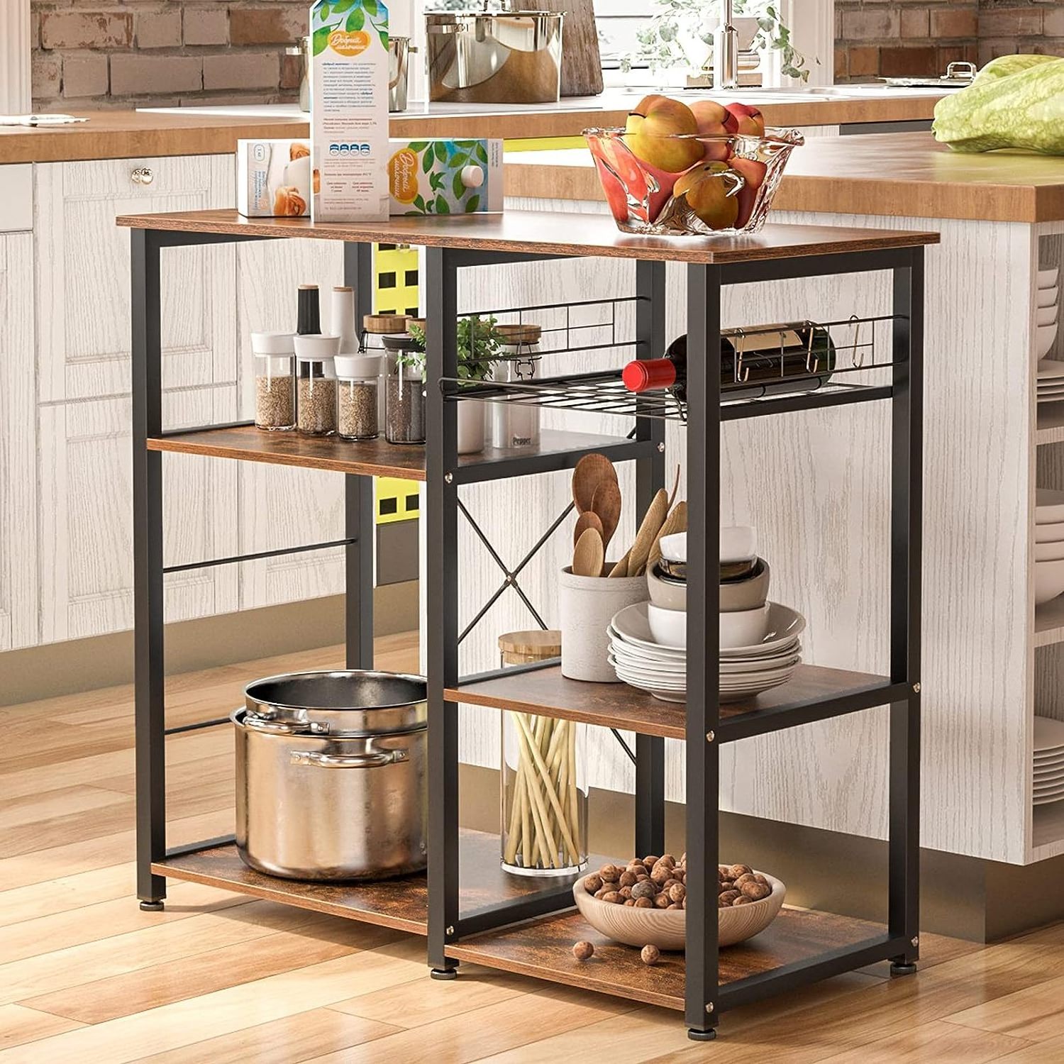 5-Tier Kitchen Shelves Organizers Racks with Movable Basket Wooden Stand Storage Coffee Station Table for Home Kitchen